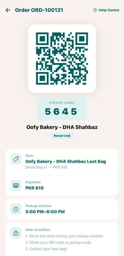 FoodLoot app — QR code and pickup window for a reserved Loot Bag