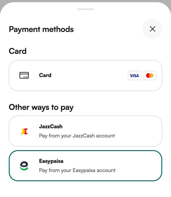 The Payment methods sheet with Easypaisa selected