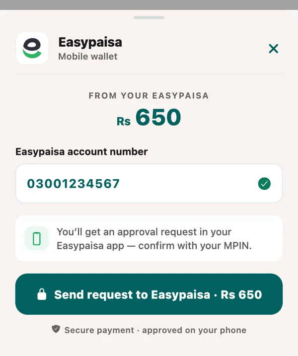 The Easypaisa sheet: Easypaisa account number, and the Send request to Easypaisa button