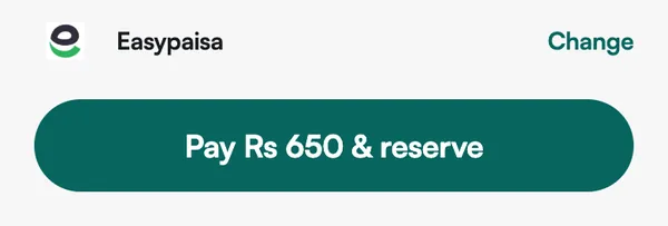 Checkout's pay bar showing Easypaisa and the Pay Rs 650 and reserve button