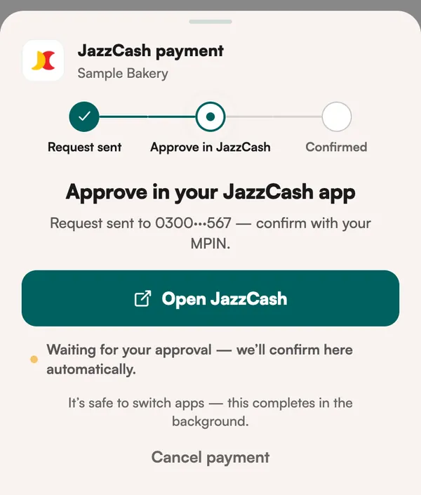 Approve in your JazzCash app, with the Open JazzCash button