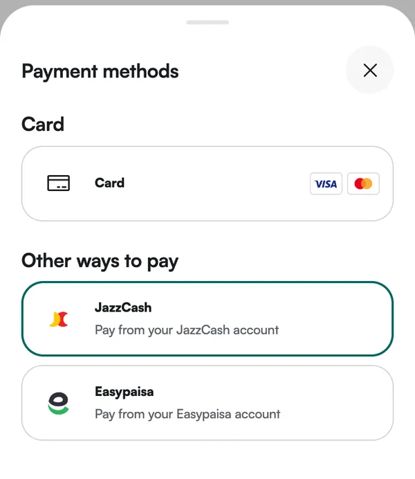 The Payment methods sheet with JazzCash selected
