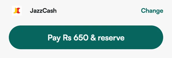 Checkout's pay bar showing JazzCash and the Pay Rs 650 and reserve button